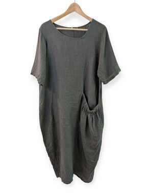 M Made In Italy Gray Linen Dress with Gathered Pocket XS
